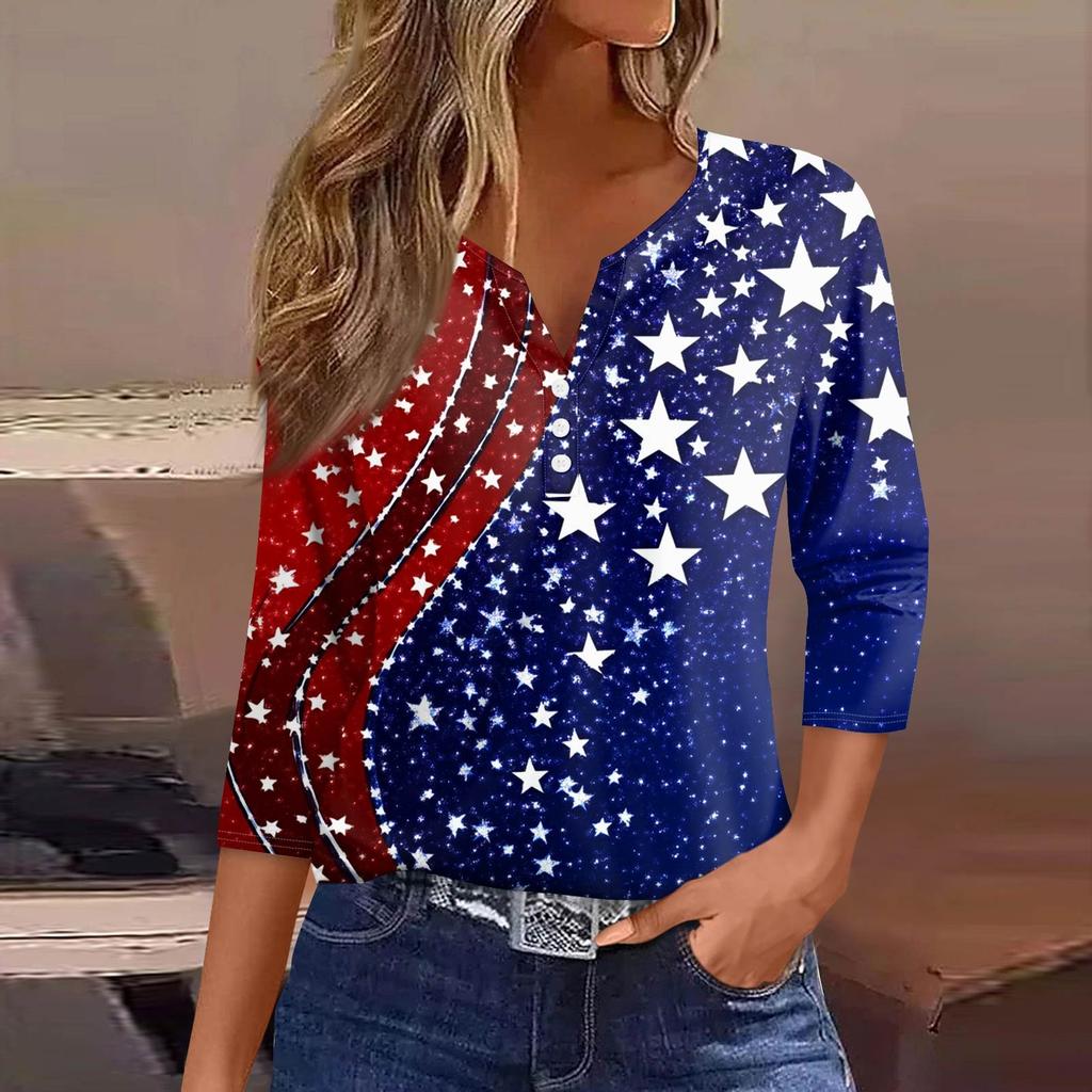 Women's Fashion Button V Neck Seven Sleeve Independence Day Printed Top