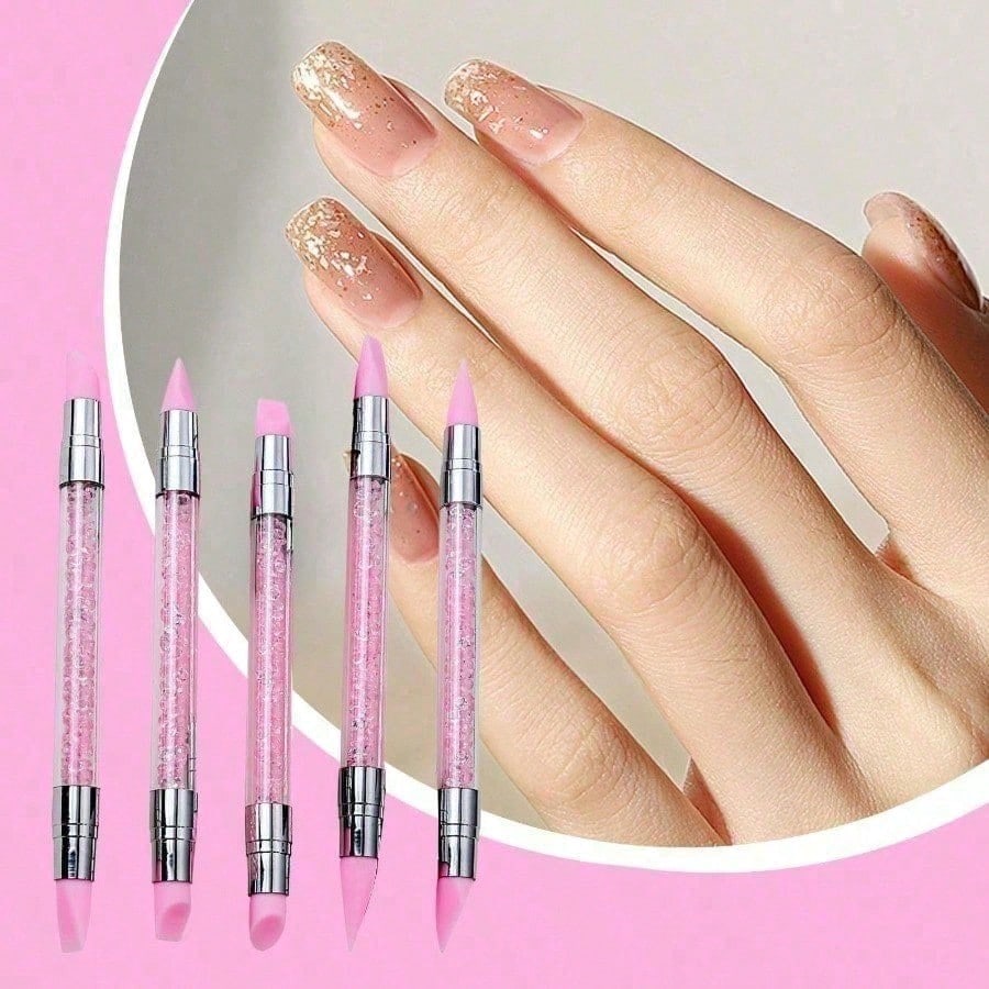 5Pcs Set Pink Dual Ended Rhinestone Nail Art Silicone Pen Sculpture Pen 3D Flower Carving DIY Manicure Brush Nail Dotting Pen