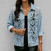Giacca da Donna in Denim Patchwork Ricamato con Pizzo Floreale Trasparente Manica Lunga Streetwear Casual Capospalla Corto per Primavera Autunno
