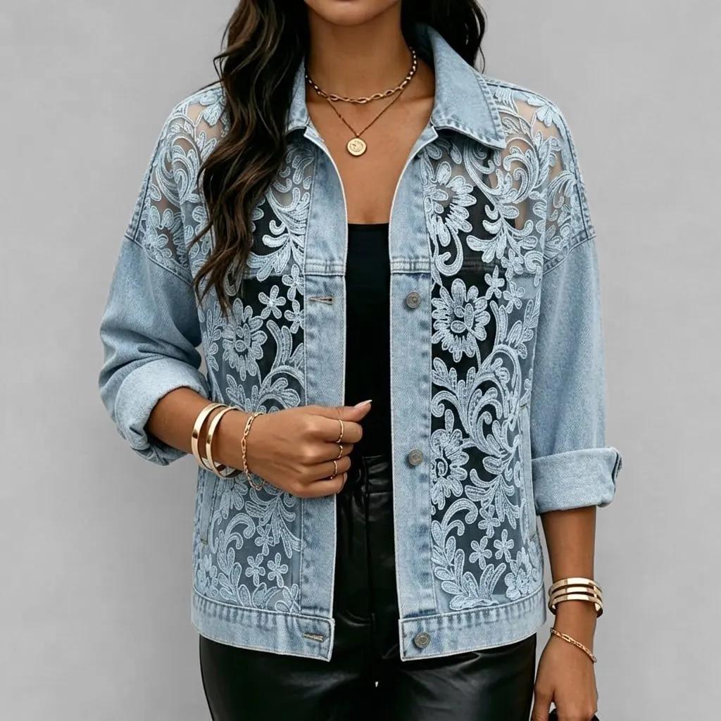 Giacca da Donna in Denim Patchwork Ricamato con Pizzo Floreale Trasparente Manica Lunga Streetwear Casual Capospalla Corto per Primavera Autunno