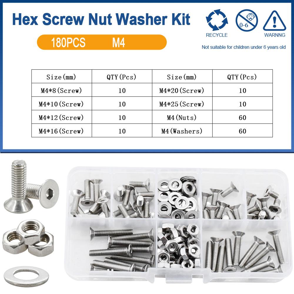 Hexagonal Countersunk Screw Nut Washer Set Metric Threaded Hex Bolt Nuts Spacer Kit Machine Screws Gasket Stainless Steel M2-M6