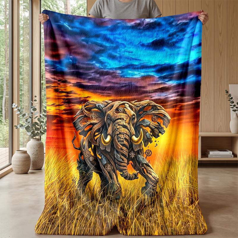 Mechanical Elephant Pair Theme Blanket Lightweight Warm Flannel Blanket Decorative Throw Blanket for Home Decoration