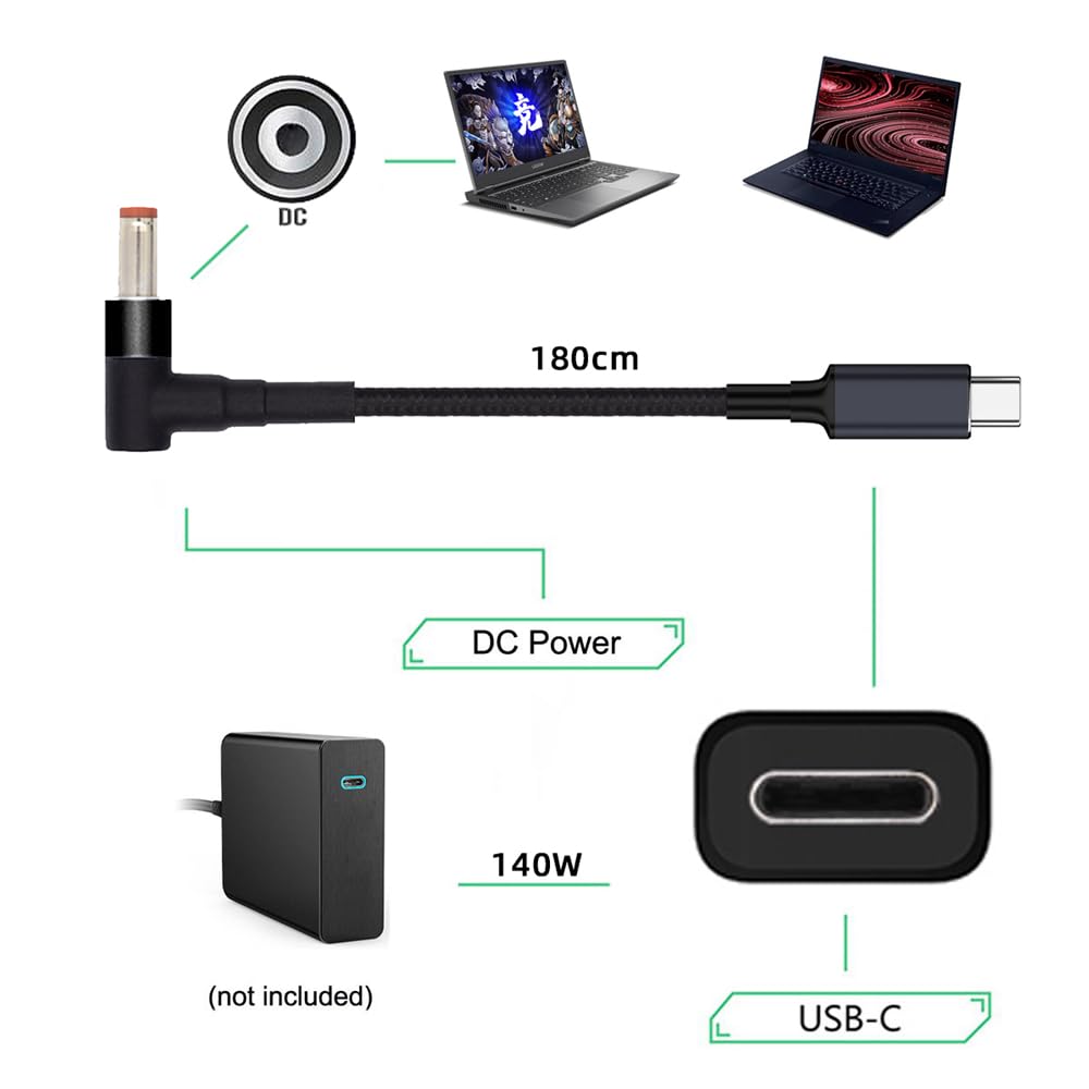 Cablecc Type C Input To DC 20V Output Power 100W 135W 140W 65W PD Charging Cable for Laptop USB-C 5.5 2.5mm