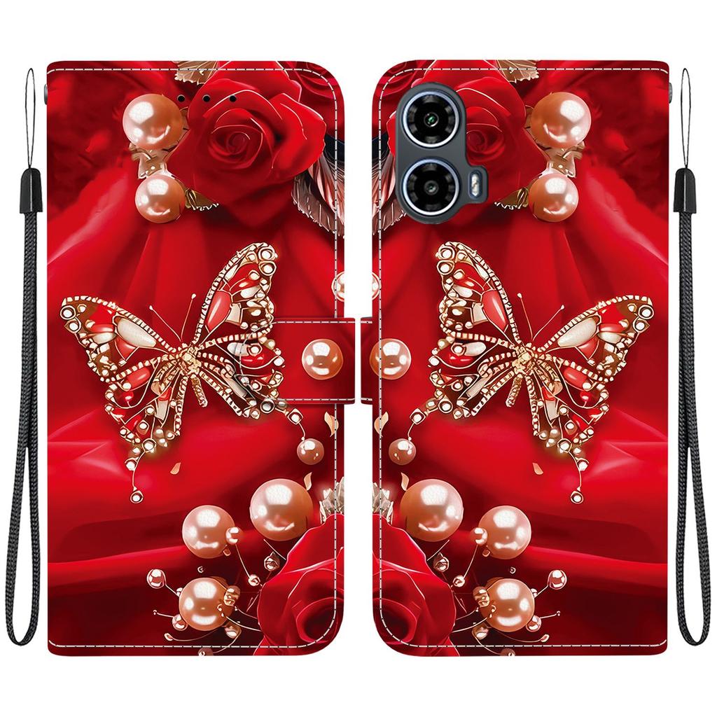 Handmade PU Leather Flip Case for Motorola Moto G34 Anti-Slip Shockproof Cover with Wrist Strap & Heart/Rose Cat Designs