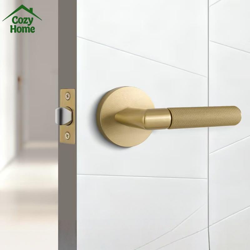 Modern Entry Door Lock Handle Set Zinc Alloy Room Interior Knurled Door Lock Levers Matte Black Bedroom Door Handle