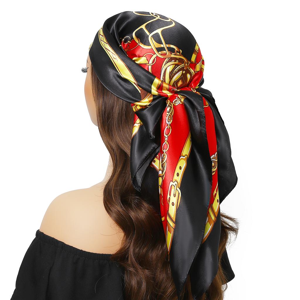 new 90*90cm Vintage Flowers Square Scarf Women Silk Shawl Neckerchief Female Print Headband Head Wraps Foulard Hijab Hair Bands