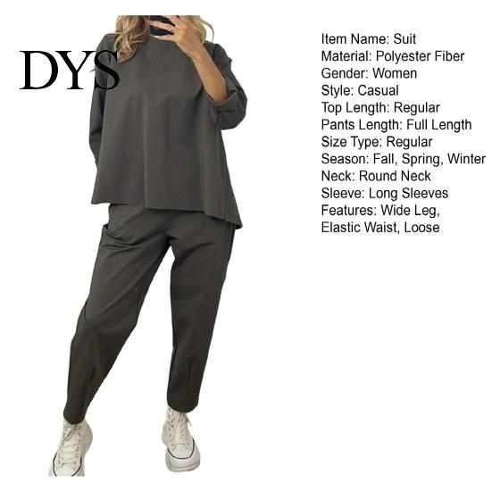 Ninth Pants Set 2 Pcs/Set Women Sweatshirt Round Neck Long Sleeves Top Elastic Spring Sport Outfit Waist Wide Leg Sweatpants Autumn Casual Commuting