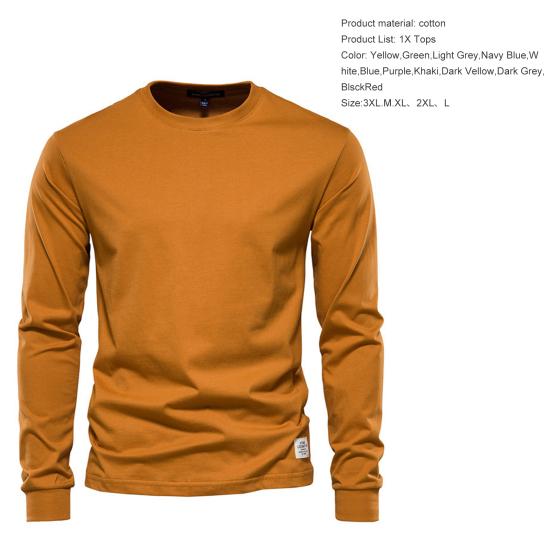 Men Tops Solid Color Cotton Pullover Comfortable Anti-pilling Crew Neck Elastic Cuff