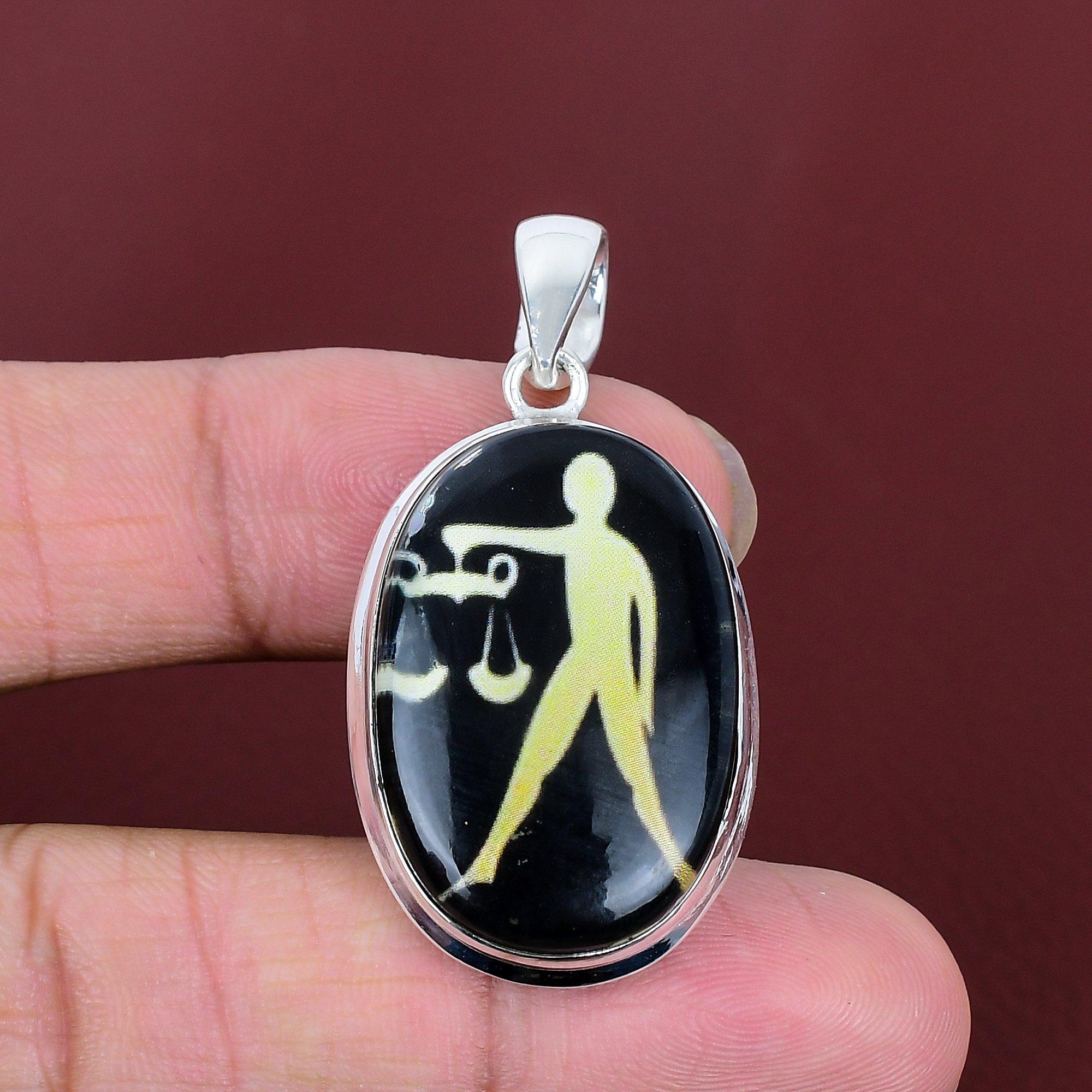 Libra zodiac sign in black onyx pendant gemstone handmade pendant 925 sterling silver pendant horoscope jewelry astrological sign pendant