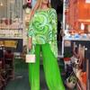 Women Summer   Colorful Chiffon Casual Round Neck Printed  Top Blouse & High Waist Pants Two-Piece Clothing Set