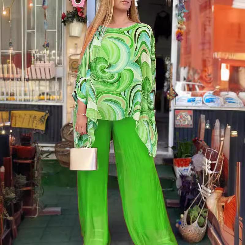 Women Summer   Colorful Chiffon Casual Round Neck Printed  Top Blouse & High Waist Pants Two-Piece Clothing Set