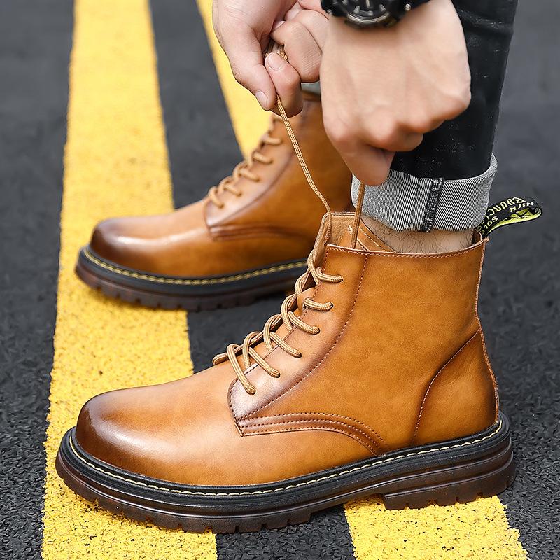 Fashion thick-soled Martin boots men's autumn high-top tooling short boots fleece warm soft-soled boots tide