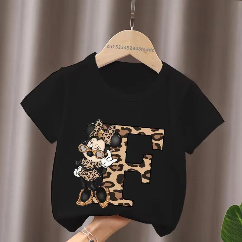 Mouse Leopard Letter A B C Name Print Unisex Women Tops Kids Tshirt Clothes Black Short Sleeve Black T Shirt