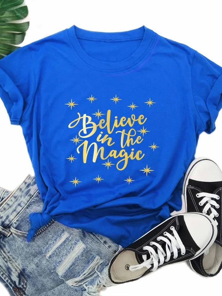 Believe In The Magic Golden Letter Print T Shirt Women Short Sleeve O Neck Loose Tshirt Women Causal Tee Shirt Tops Mujer