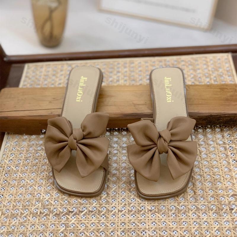 Fashion Summer Women Slippers 2025 New Square Toe Open Toe Bow Sandal Breathable Casual Solid Color Fashion Women Slippers Zapatos Mujer
