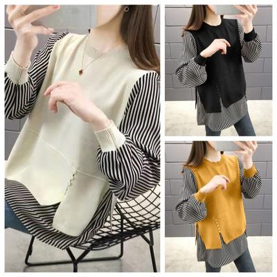 Korean Fashion Fake Two Pieces Blouse Women Casual O-neck Long Sleeve Patchwork Tops