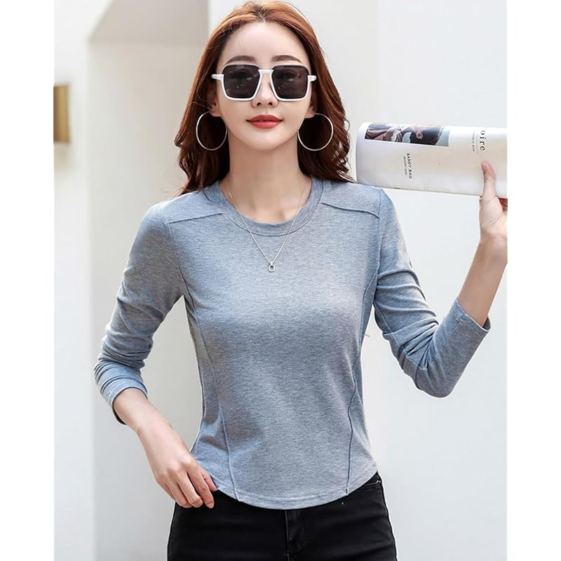 [OKJCON] ladies t-shirt long sleeve spring Plain color casual Fashionable large size (JP, alphabet, L, gray)