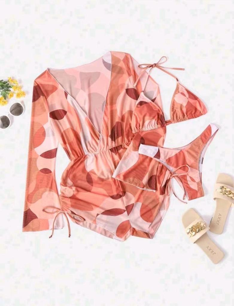 2025 Women's Cross-Border Long Sleeve Mesh Cover-Up Bikini Set: One-Piece Swimwear & Three-Piece Swimsuit.