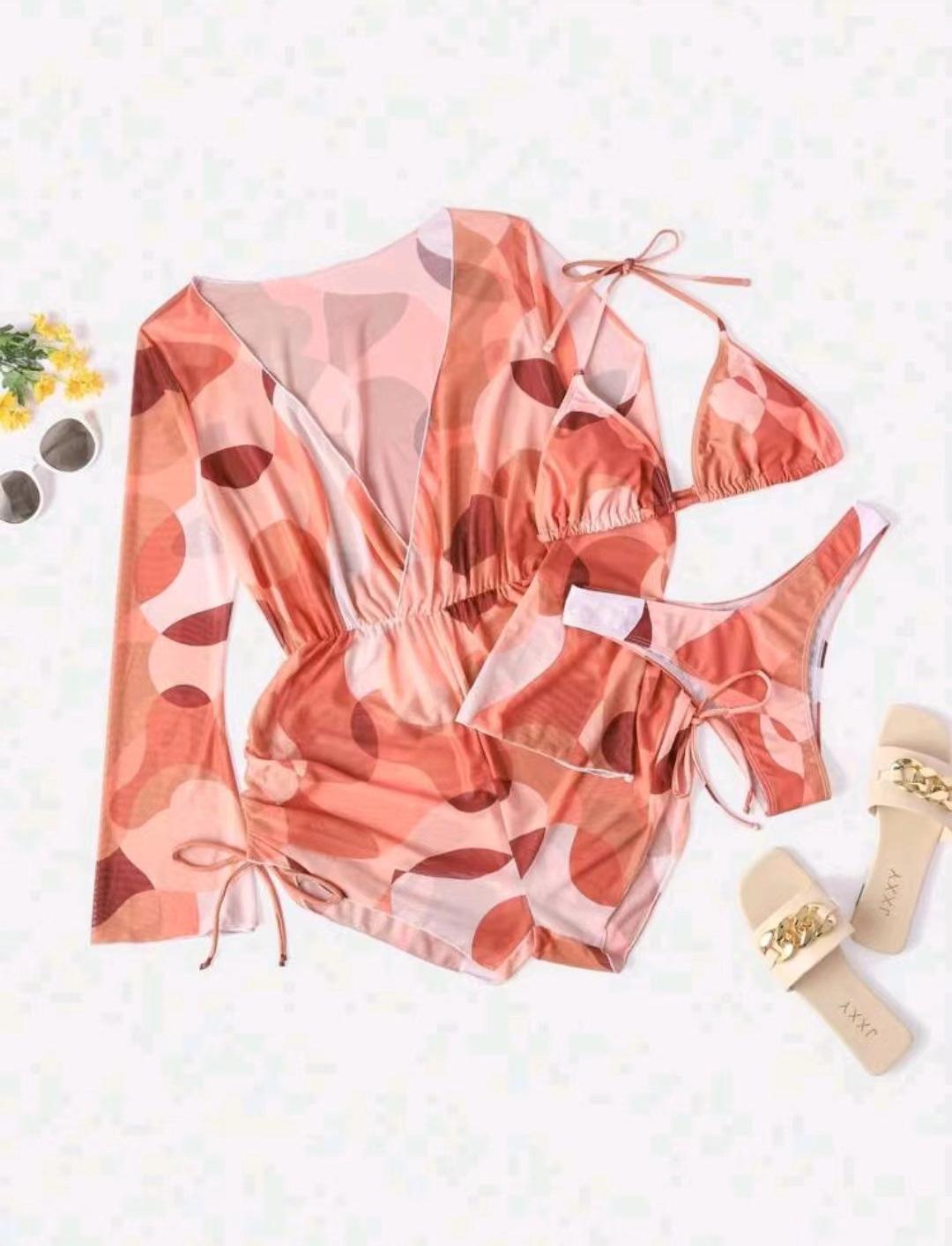 2025 Damen Überwurf-Bikini-Set mit langen Ärmeln und Netzstoff, grenzüberschreitend: Einteiler & Dreiteiliger Badeanzug. Medium