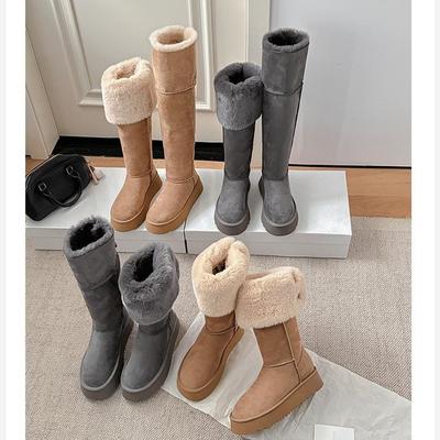 Zwei Frauen tragen hohe Schneestiefel 2025 Winter neue Samt verdickte warme graue Stiefel