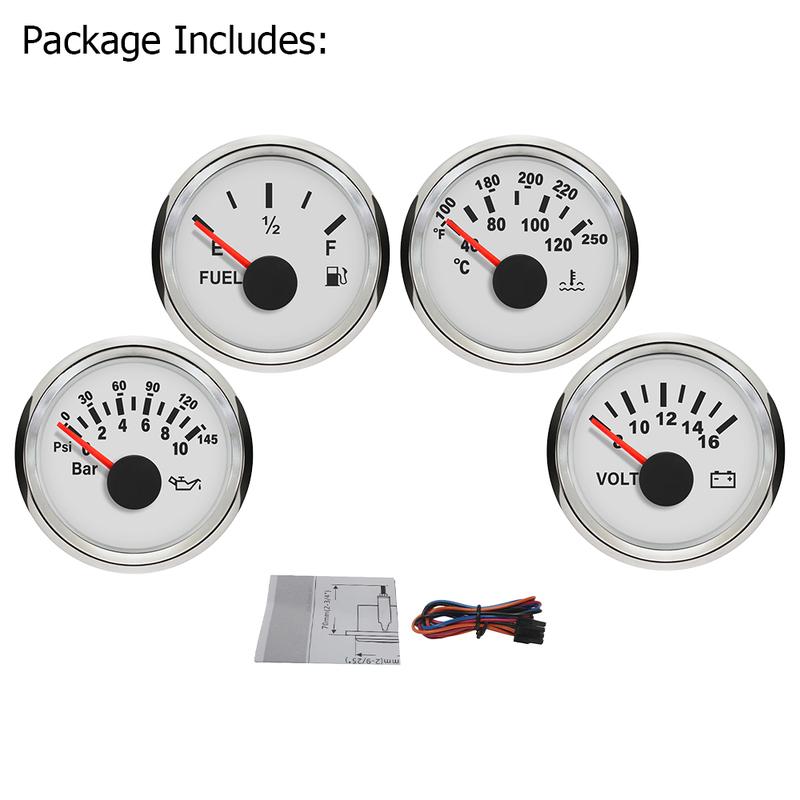 ELING 4 Gauge Set 52mm 40-120℃ Water Temp 0-10Bar Oil Pressure Fuel Level 8-16V Voltmeter with Red Backlight for Marine Car