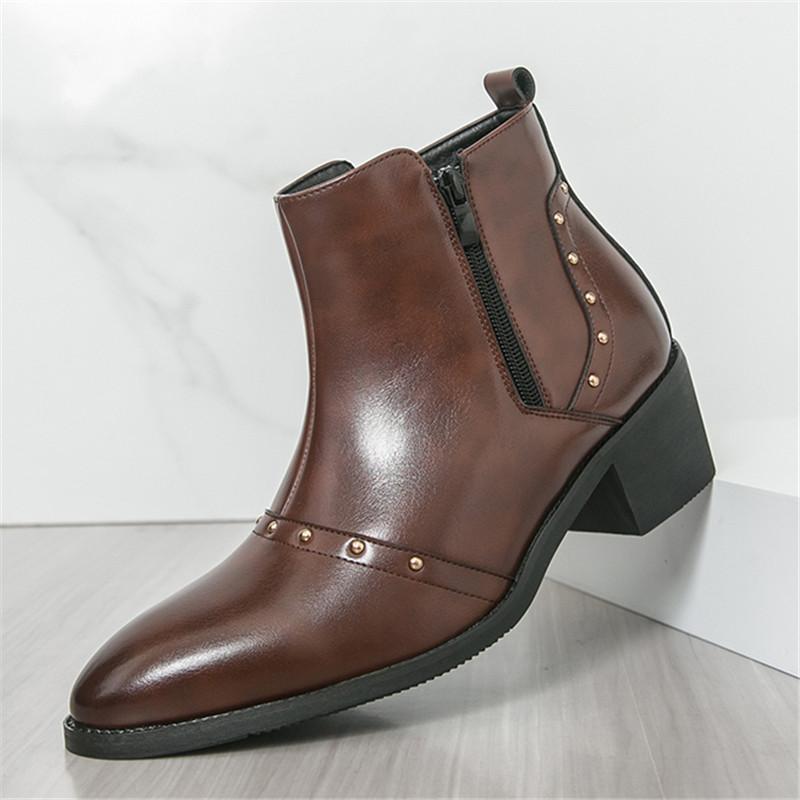 Designer New Men's Pointed Punk Rivet Patent Leather Chelsea Casual Ankle Boot Male Winter High Tops Cuban Shoes Zapatos Hombre