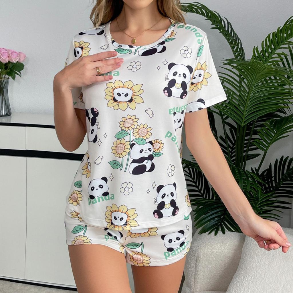 Letni uroczy kreskówkowy nadruk pandy Cienki zestaw piżamy dla kobiet Odzież domowa Seksowny luźny top z krótkim rękawem i szorty Zestawy 2-częściowe Pijamy Odzież do spania