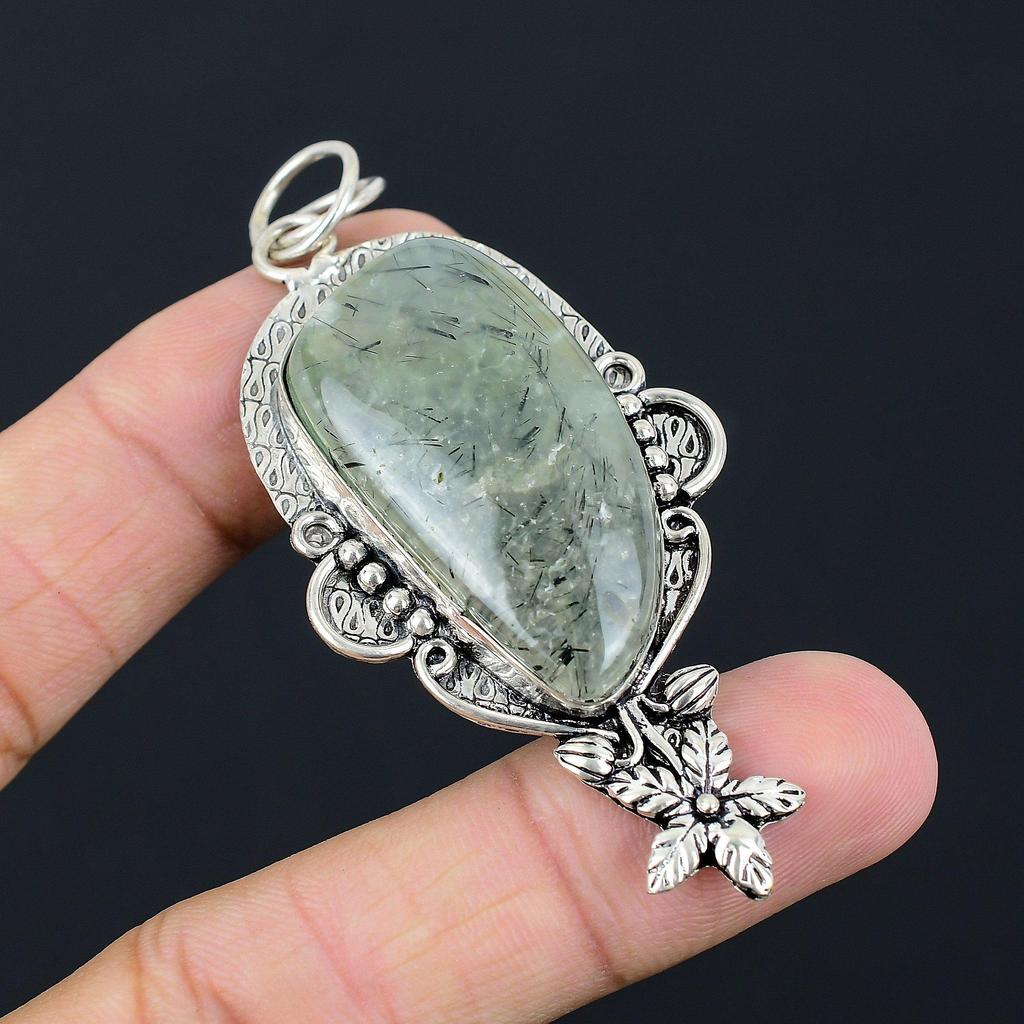 Mothers Day Deal Sterling Silver Moss Prehnite Gemstone Flower Pendant Jewelry