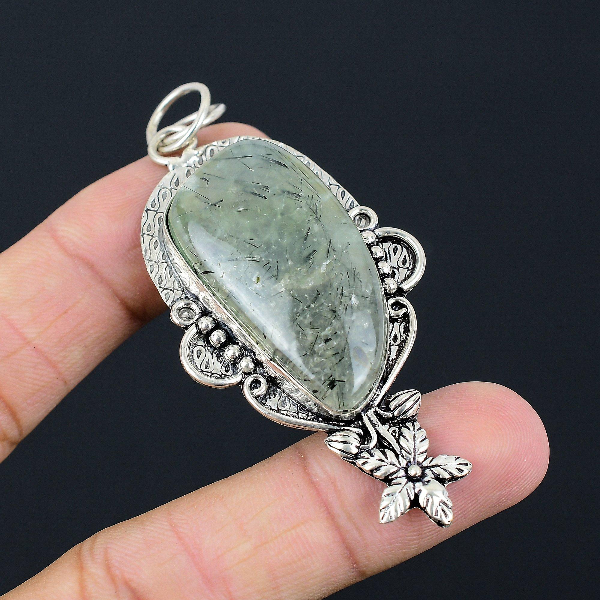 Mothers day Deal Sterling Silver Moss Prehnite Gemstone Flower Pendant Jewelry