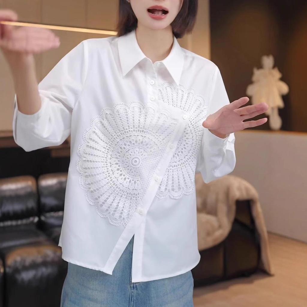 Women's Embroidered Sunflower White Long Sleeve Shirt, Spring/Autumn 2026 Collection