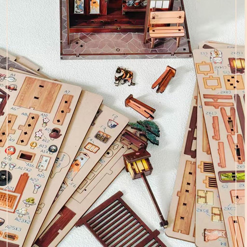 Pixie Curio Book Nook Kit 3D Wooden Puzzle Cherry Blossom Tea House Dollhouse Kit Miniature Style Cherry Blossom with Lucky Cat Figurine and LED Light