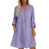 Women Loose Fit Stand Collar Button Down Linen Cotton Dress Long Sleeve Casual Tunic Shirt Dress with Pockets for Everyday Wear