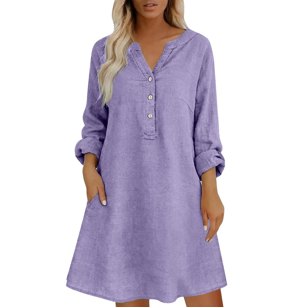 Women Loose Fit Stand Collar Button Down Linen Cotton Dress Long Sleeve Casual Tunic Shirt Dress with Pockets for Everyday Wear