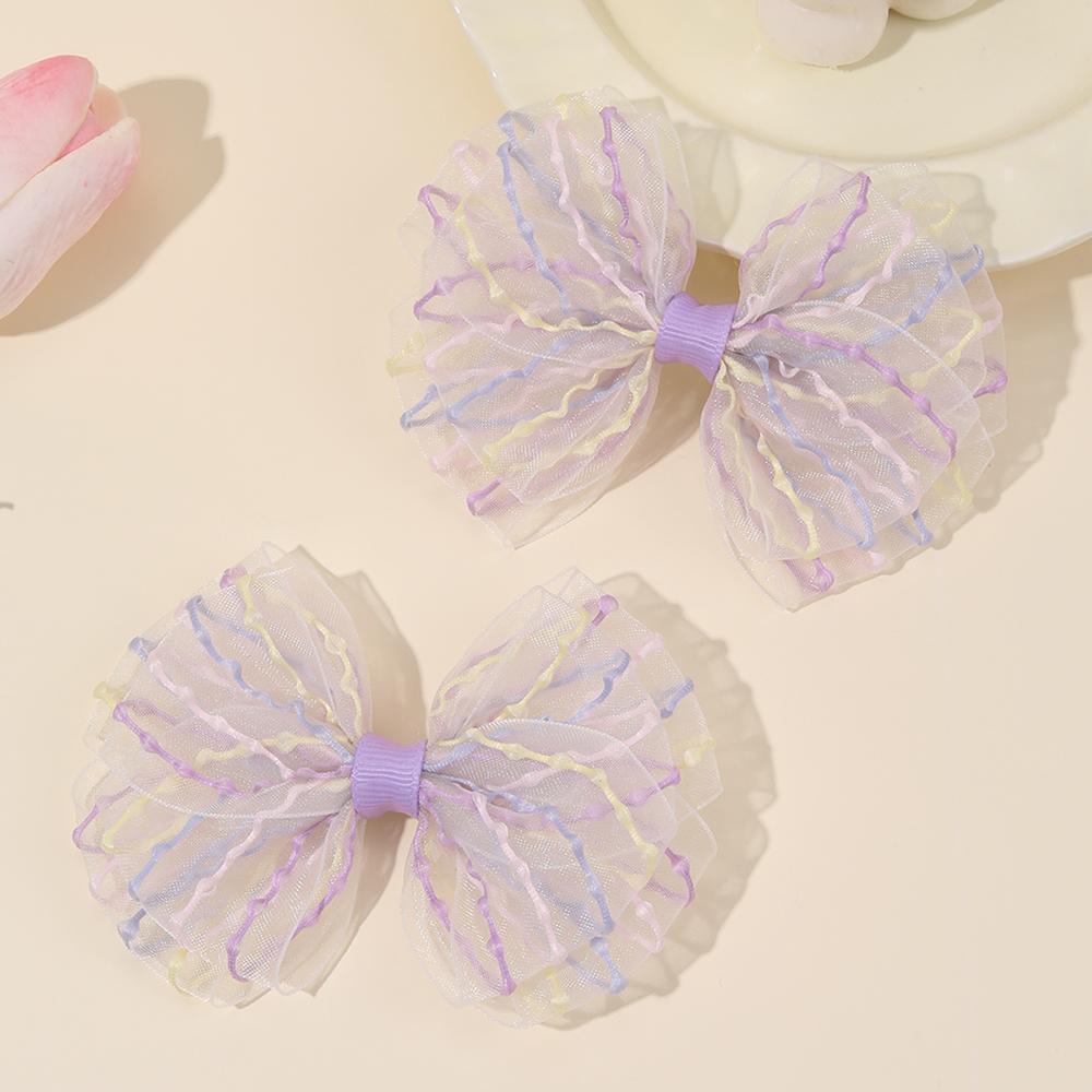 2Pcs Macaron Colors Bow Hair Clips Sweet Chiffon Mesh Hairpin Colorful Stripes Barrette For Girls Kids Headwear Hair Accessories