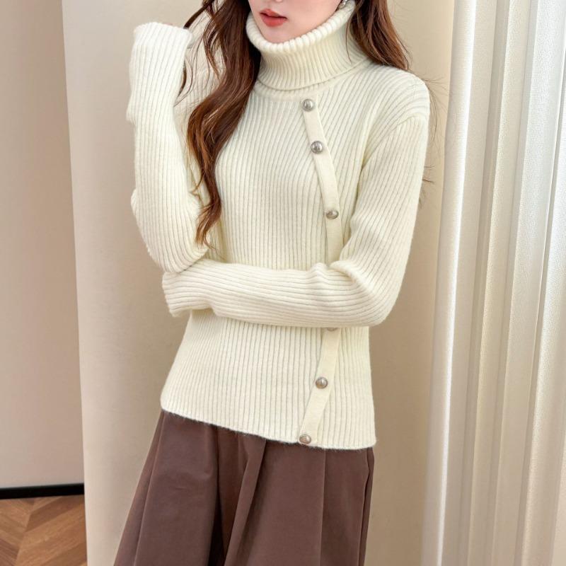 Autumn Winter High Collar Vintage Solid Bottomed Sweater Women Loose Casual Knitting All-match Button Pullover Top