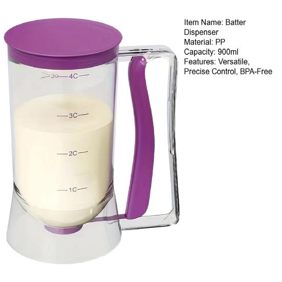 Batter Dispenser for Baking 900ml 4-Cup Measured Container with Quick Release Spout BPA-Free Plastic Batter Pourer for Pancakes Cupcakes Waffles