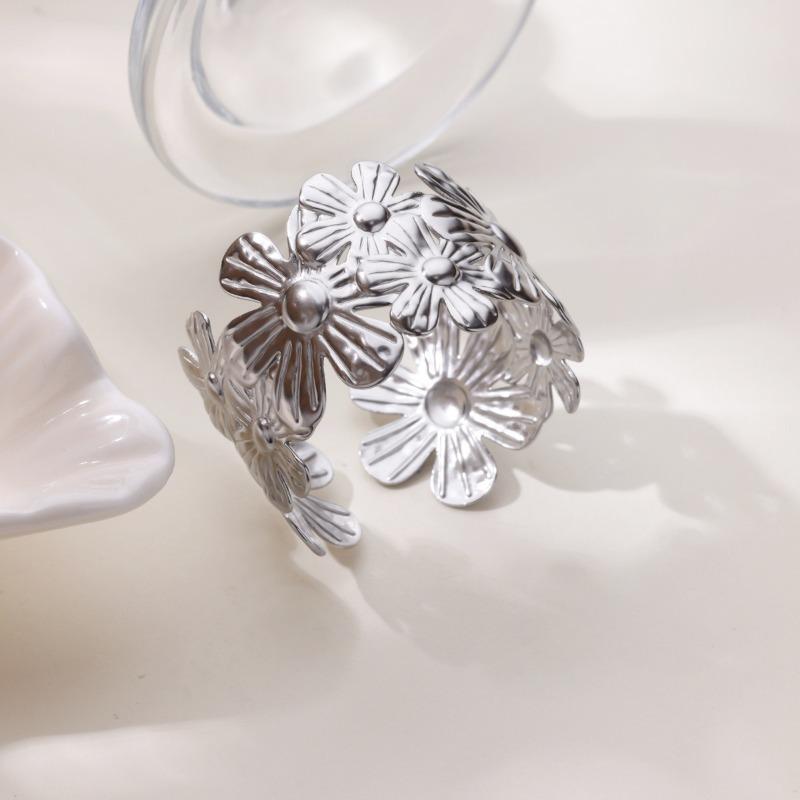 Wide Geometric Flower Stainless Steel Bracelet Women's Adjustable Open Bracelet Hip Hop Style