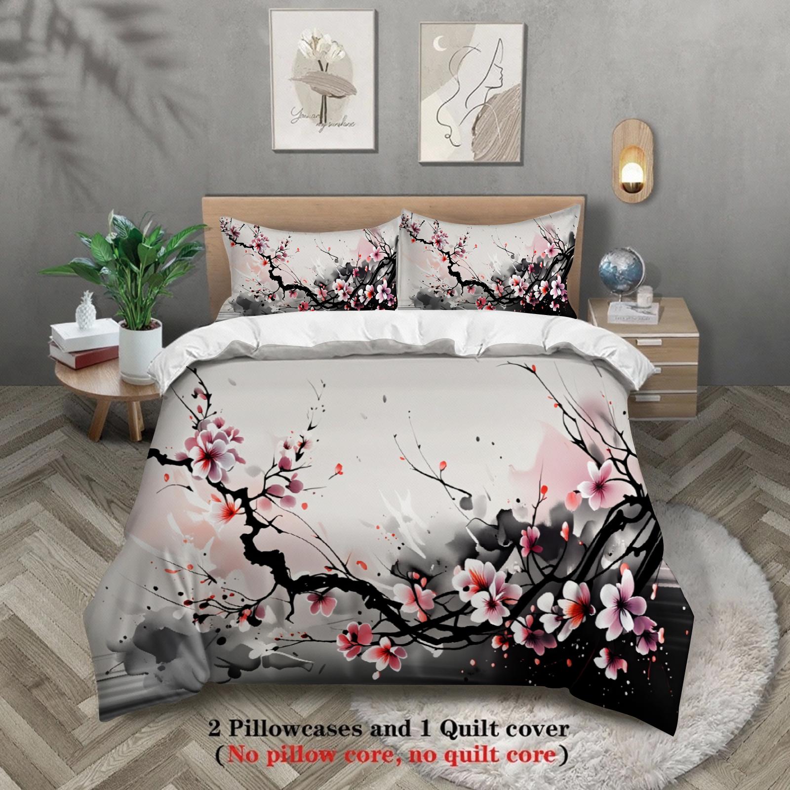 

3pcs Cherry Blossom Bedding Sets 3D Printed Pink And Black Floral Pattern Duvet Cover Sets With Pillowcases No Filling For Adult EU Double(200x200cm)
