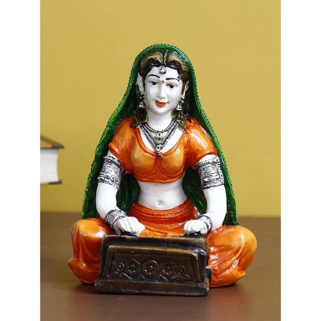 Resin Woman Statue Playing Harmonium Showpiece for Home Decor Living Room Bedroom Office Desk Table TV Unit