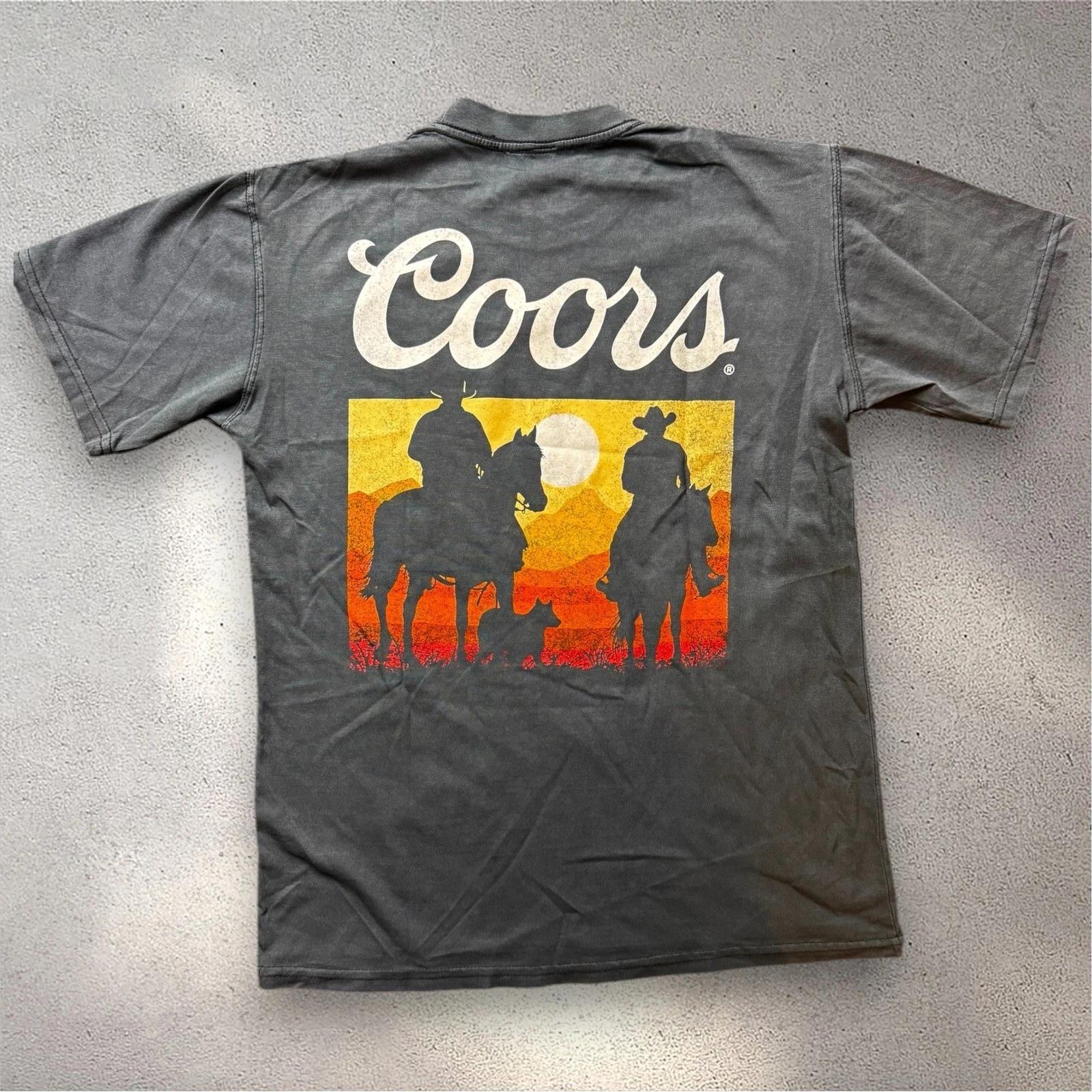 Coors Banquet Beer Cowboy Sunset Graphic T- Shirt Mens Small Washed Black Cotton L