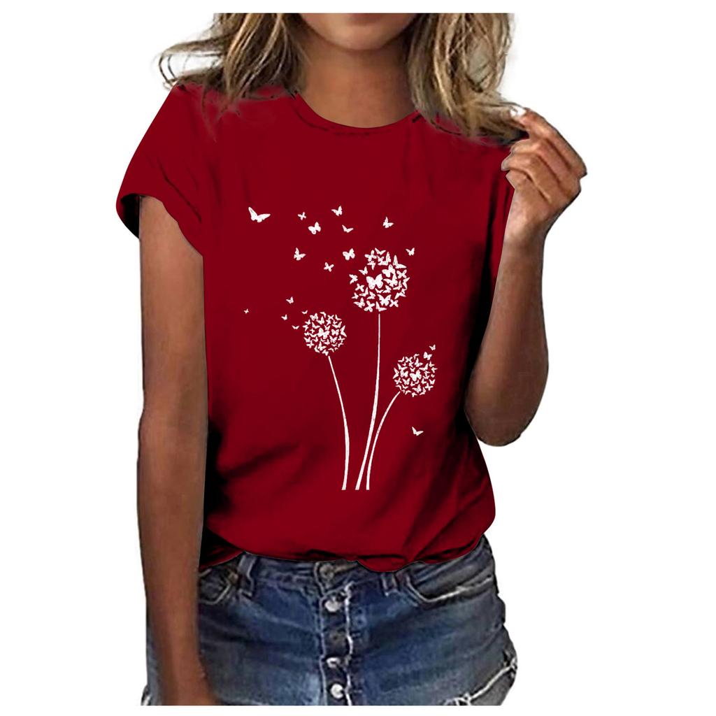 Women Fashion Casual Tops Printed Short Sleeve Shirts Round Neck Pullover T Shirts