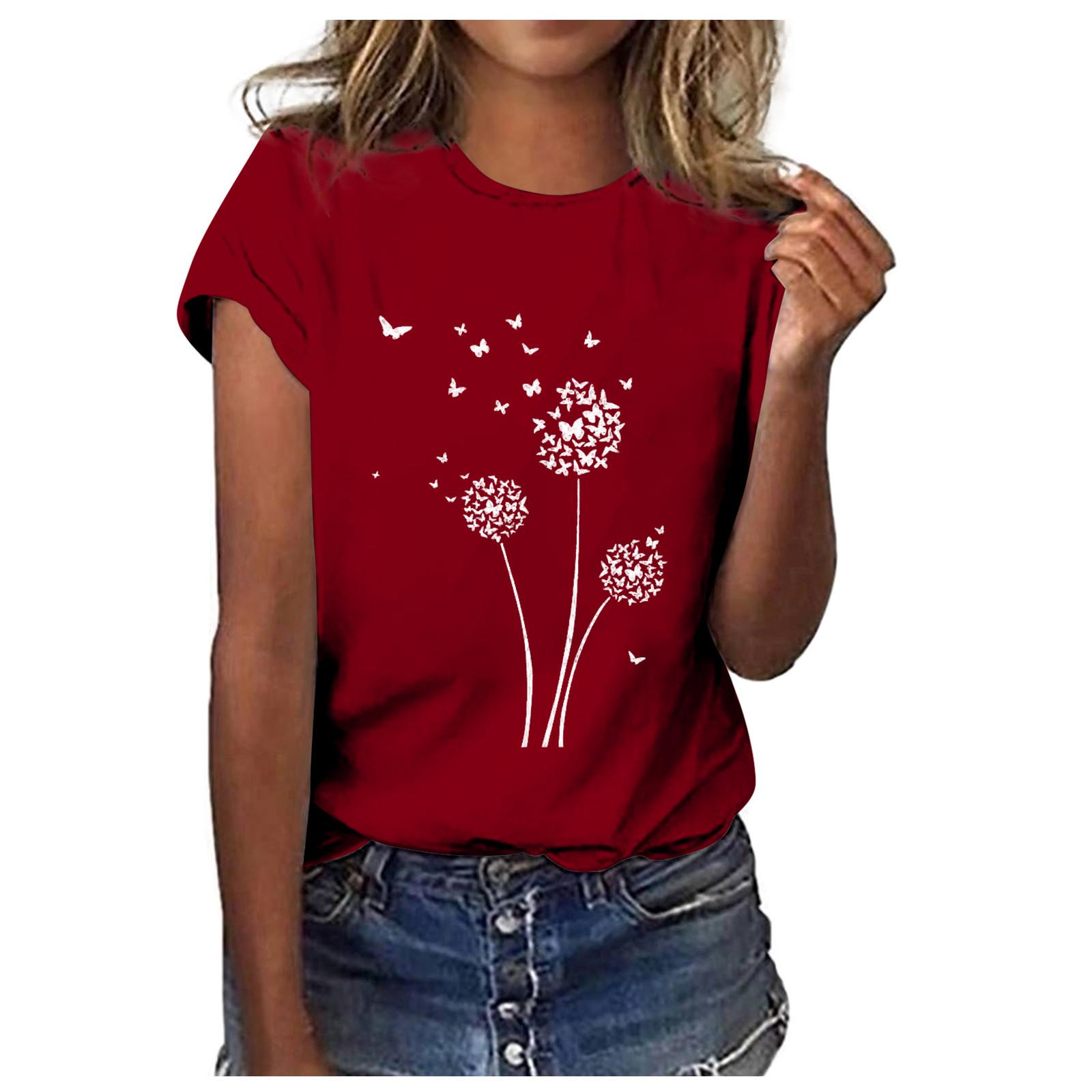 

Женские модные повседневные топы с принтом, рубашки с короткими рукавами, пуловеры с круглым вырезом, футболки XL винный