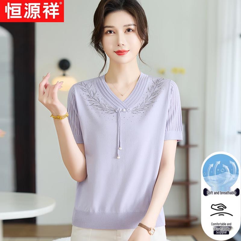 Hangyuanxiang Women's Solid Color V-Neck Short Sleeve T-Shirt