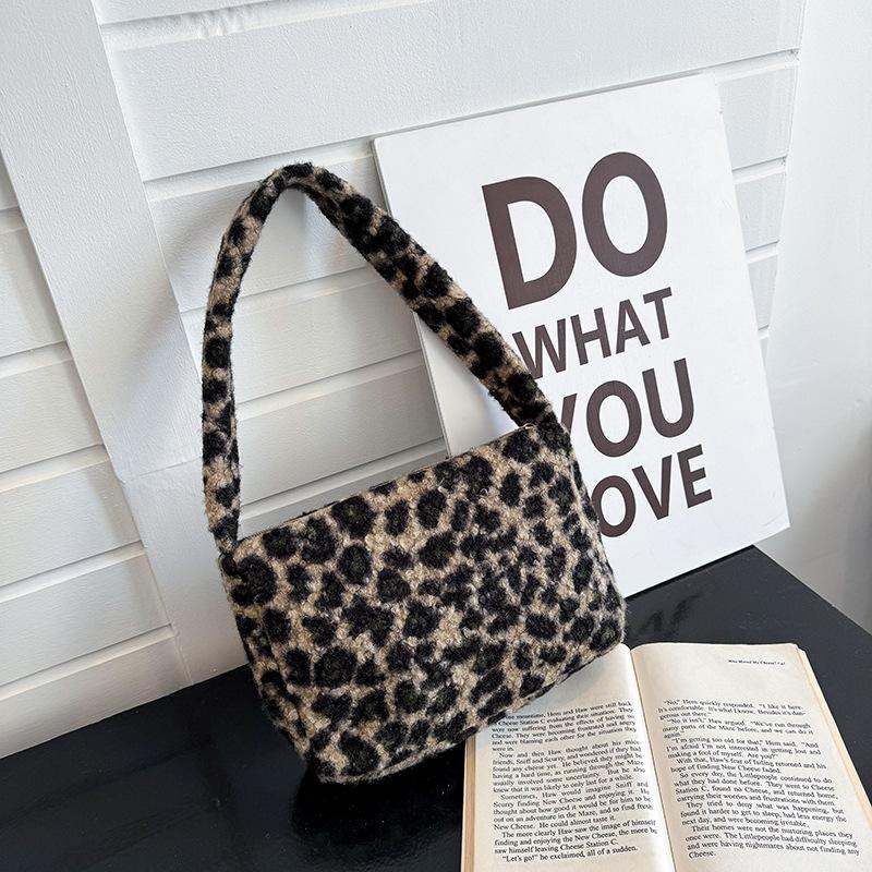 Retro Leopard Plüsch Umhängetaschen für Damen Leichte Tragbare Damen Handtaschen Geldbörse Winterlich Lässig Quadratische Achseltasche für Damen