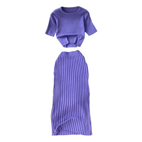 Women's Summer Skirt Set Short Sleeve Crew Neck Crop Top And High Waist Maxi Skirt Set Knitted Two Piece Outfit