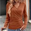 Women's V Neck Long Sleeve Wrap Top Slim Fit Casual Solid Color Ruched Tunic Tee Daily Basic Blouse