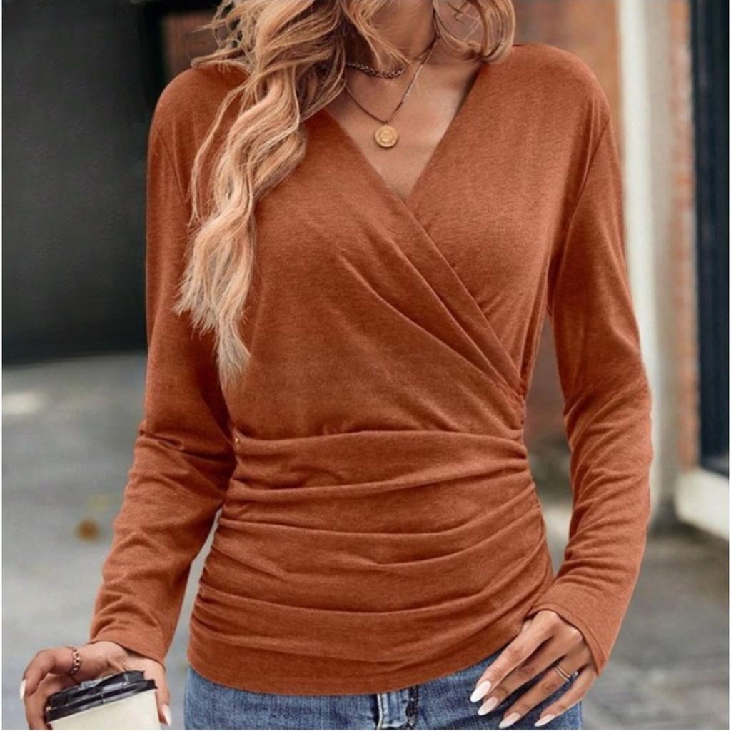 Women's V Neck Long Sleeve Wrap Top Slim Fit Casual Solid Color Ruched Tunic Tee Daily Basic Blouse