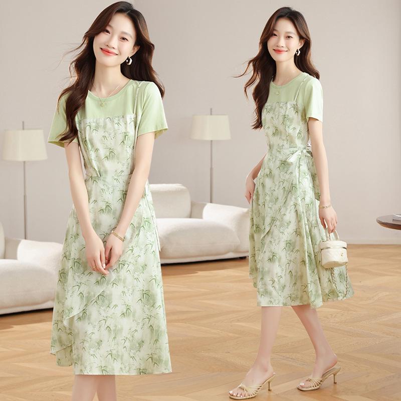 Mint Mambo Green Floral Two-Piece French Style Slim Waist Summer Dress