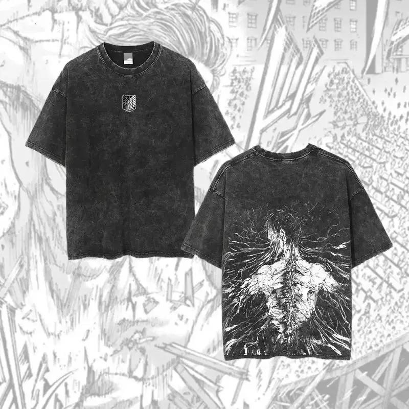 Unisex Anime Attack on Titan Vintage Washed Graphic Print T-shirt Men Women Casual Oversized Streetwear Hip Hop Fashion Summer New Tee
