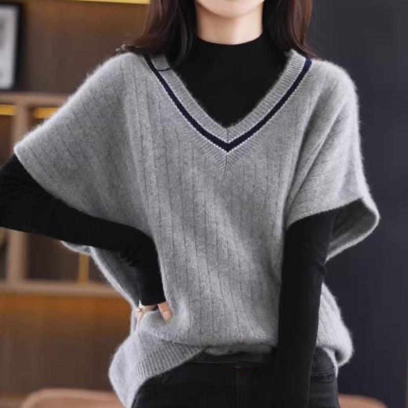 Women's Short Sleeve Knitted Vest Spring Fall Contrast V Neck Pullovers Jumper Loose Casual Ladies Gilet Sweater